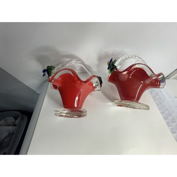 Vintage Art Glass Red Clear Basket Applied Blue Flowers Beautiful 2 Baskets - Picture 7 of 9